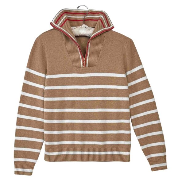 J. Crew Sweaters - J. CREW QUARTER ZIP PREPPY OLD MONEY TAN WHITE STRIPES SWEATER LARGE